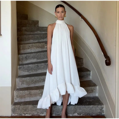 Chic White Round Neck Sleeveless Long Dress Elegant Off-the-shoulder Irregular Hem Gown New Female Summer Beach Club Vestidos