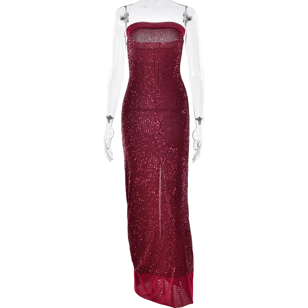 TWOTWINSTYLE Solid Slimming Fashion Dresses for Women Strapless Sleeveless Patchwork Sequins Midi Split Dress Female Clothing