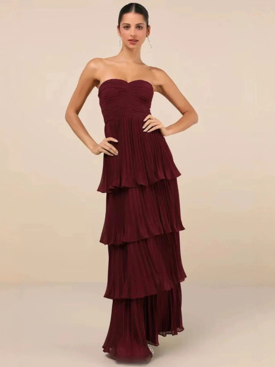 Long Layered  dress Strapless Sleeveless Backless Ruffles