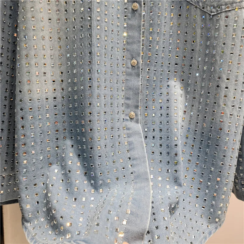 Luxury Women Sequined Diamonds Beading Denim Shirts