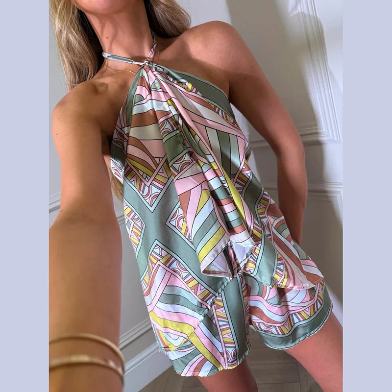 Sexy Women's Satin Printed Vest Shorts Set Lace Up Backless Strapless Crop Tops High Waist Short Pant 2026 Summer Beach Suit