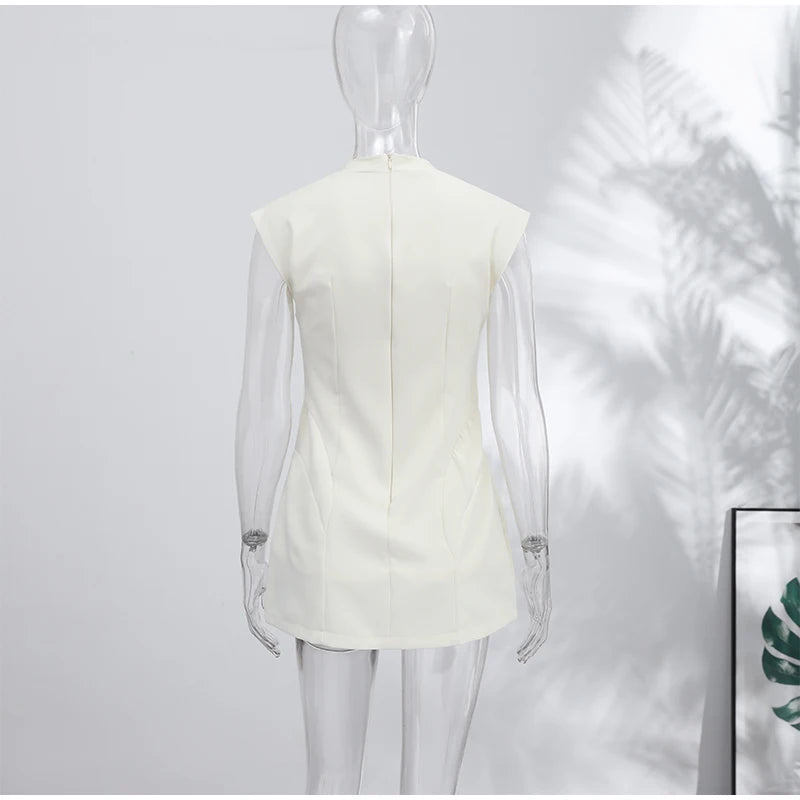 Elegant Slim Women's Dress Stand Collar Hollow Out Sleeveless Waist-Closed Lady Mini Dresses 2026 Spring Summer Female Robe
