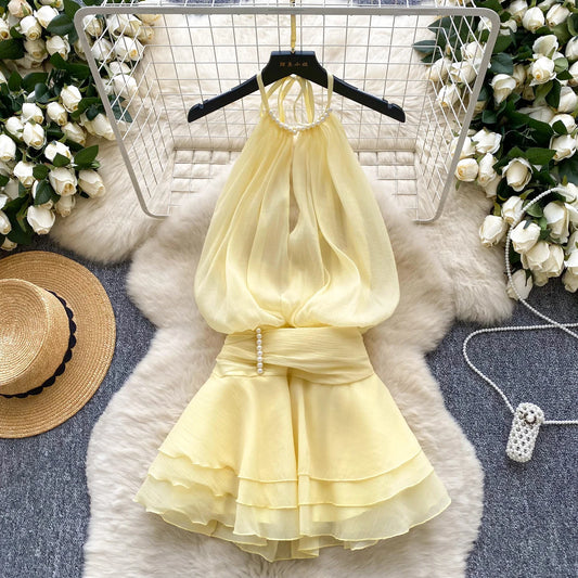 Chiffon Pearl Halter Mini Dress