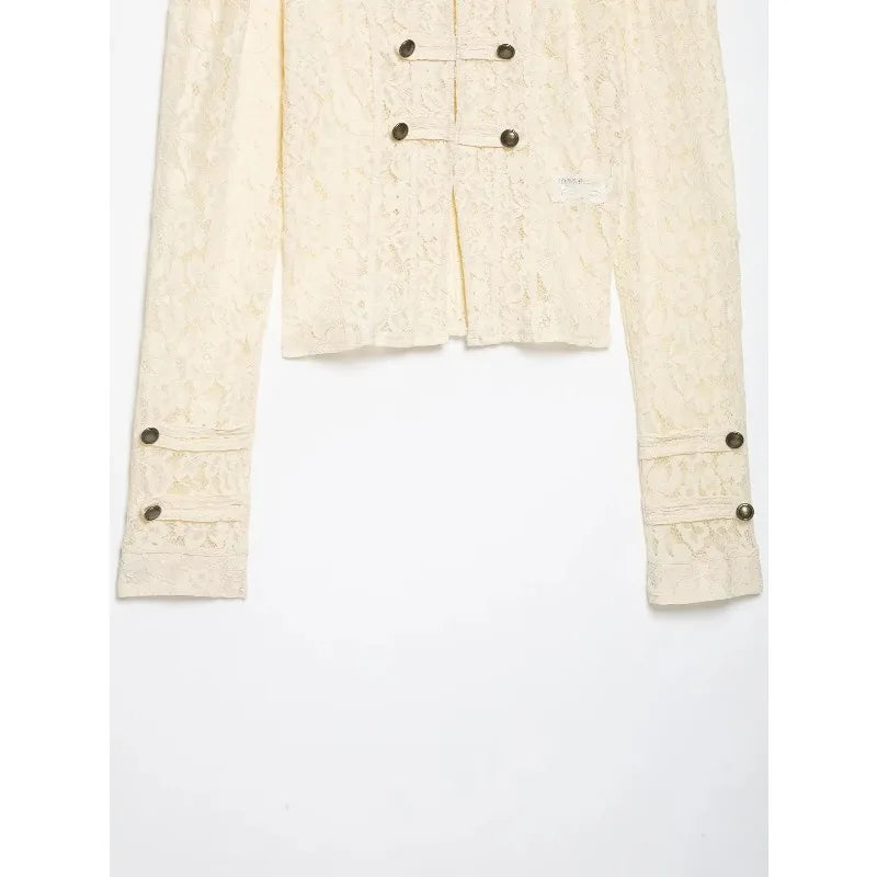 2026French Vintage Floral Lace Cropped Jacket Mandarin Collar Frog Knot Buttons Puff Long Sleeve Slim Retro Outerwear for Women