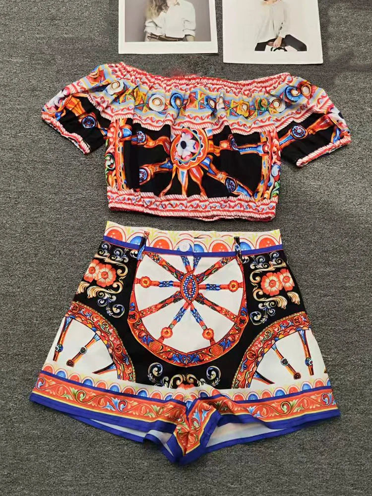 Designer retro geometric print tube top pullover shirt top two-piece set 2026 summer women's clothing + shorts hot pants suit - Shellss