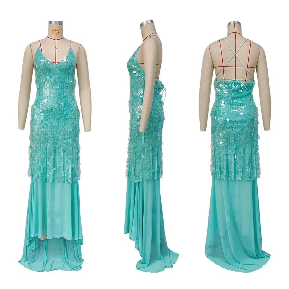 New Summer Sequins Patchwork Mesh Slim Long Dress Women Casual Vacation Dress Sexy Suspender V Neck Backless Evening Dress