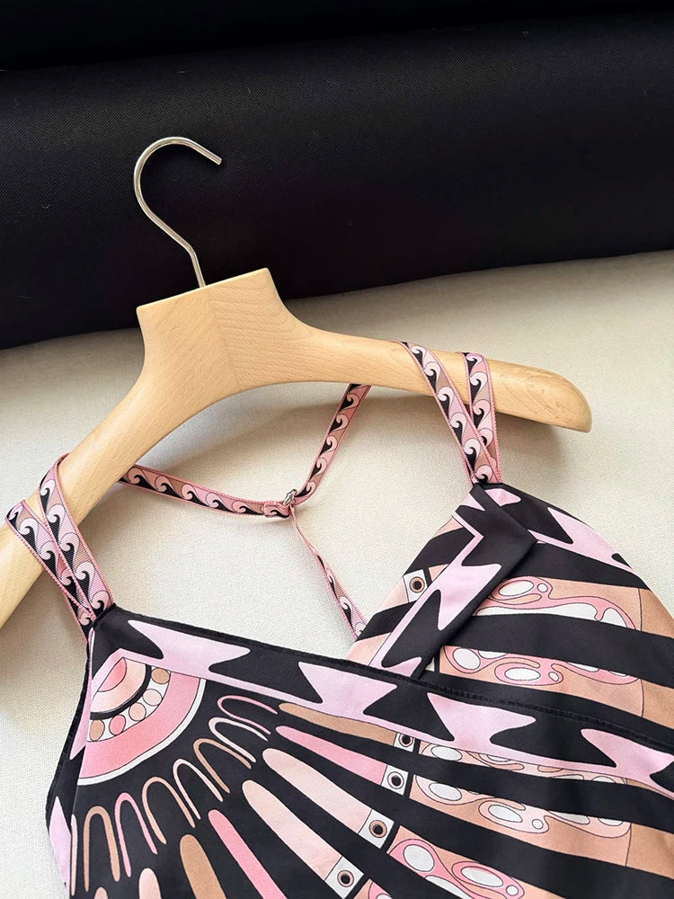 Summer Fashion Outdoors Tourism Geometric Print Asymmetrical Tops Women's Sexy Spaghetti Strap Strapless High Waist Slim Top