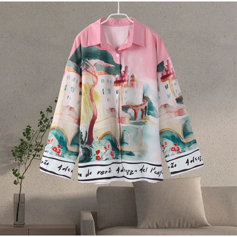 Fashion Printed 2 Piece Set Loose Lapel Button Long Sleeved Shirt Elastic Waist Shorts Suit 2025 Summer Autumn Beach Lady Set