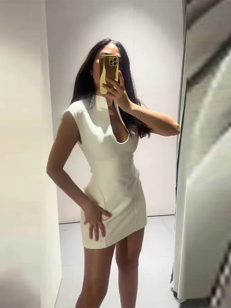 Elegant Slim Women's Dress Stand Collar Hollow Out Sleeveless Waist-Closed Lady Mini Dresses 2026 Spring Summer Female Robe