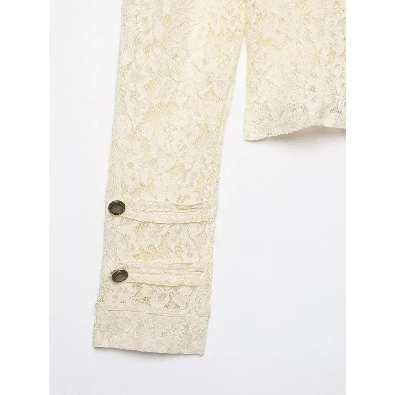 2026French Vintage Floral Lace Cropped Jacket Mandarin Collar Frog Knot Buttons Puff Long Sleeve Slim Retro Outerwear for Women
