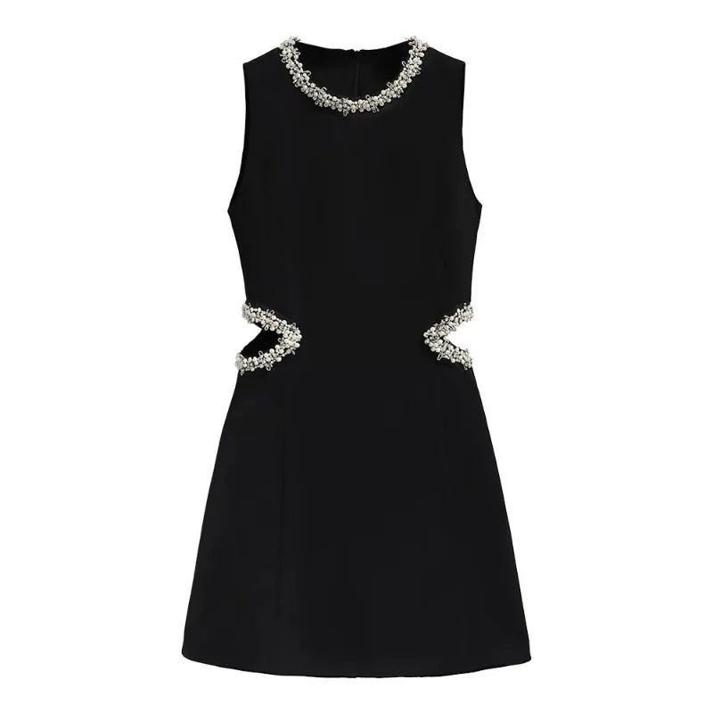French Waistless Cut-out Celebrity Dress Temperament  Sleeveless High-end Waist Small Black Skirt with A Hollow Waist New Style
