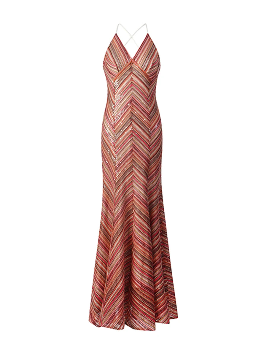 CHICEVER Hit Color Spliced Striped Dress Female Halter Sleeveless Slimming Vacation Travel Women's Dresses Summer Fashion Style