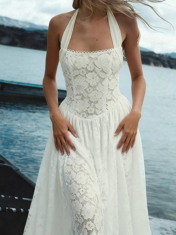 Sexy Lace Embroidery Solid Beach Dress Women Fashion Halter Sleeveless Slim A-Line Dress 2026 Elegant Backless Hollow Long Dress - Shellss