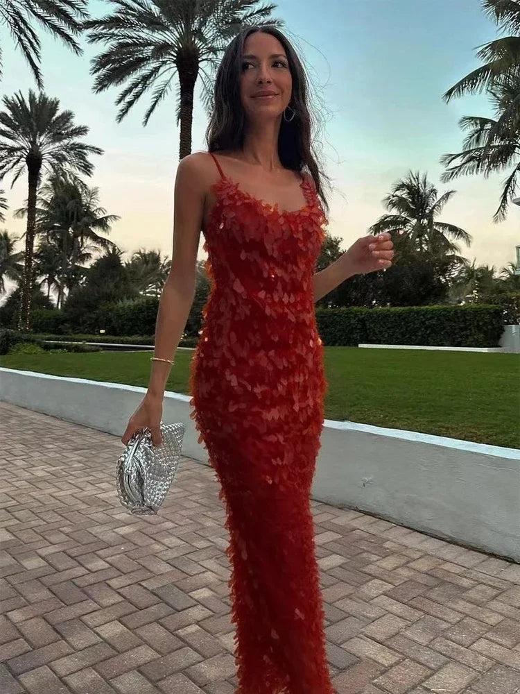 Sequin Deep V-neck Long Dress Women Chic Sleeveless Spaghetti Strap Backless Mermaid Robes Lady Sexy Evening New Party Dresses