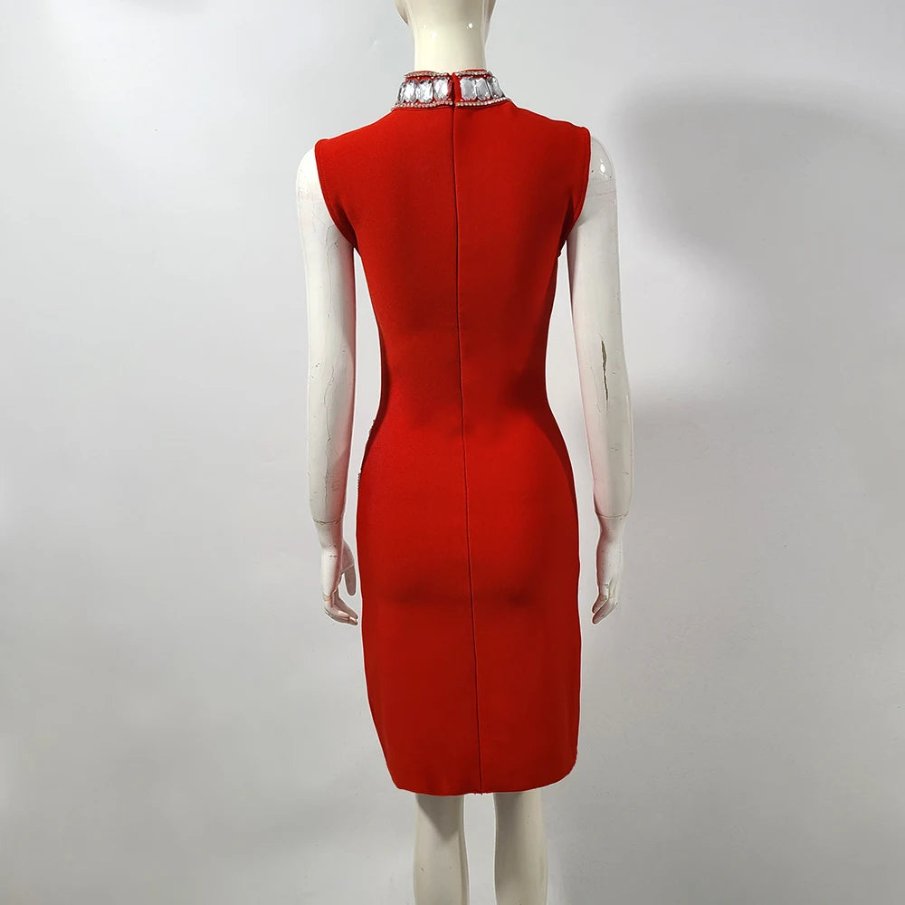 Sexy High Quality Rhinestones Short Party Dress Women Bandage Sleeveless Red Dresses 2025 Fashion Club Vestidos Robes