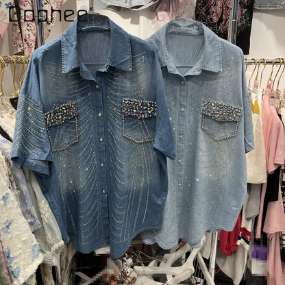 Exquisite Rhinestone Short Sleeve Denim Shirt