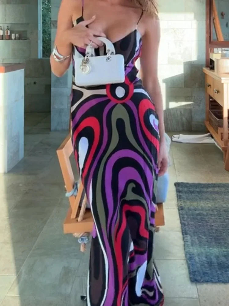 Sexy Printed Sling Long Dress Women Sleeveless Backless High Waist Slim Dresses Female 2026 Summer Beach Vacation Robes Lady