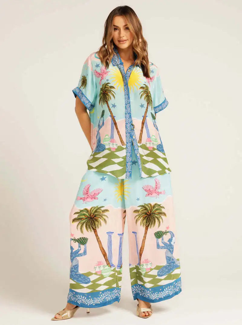 Printed Short Sleeve Tether Set Women's Fashion Ensemble Long Pants Winter Season Brand Unbranded Three-piece Combination - Shellss