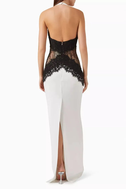 White Black Net Halter Backless