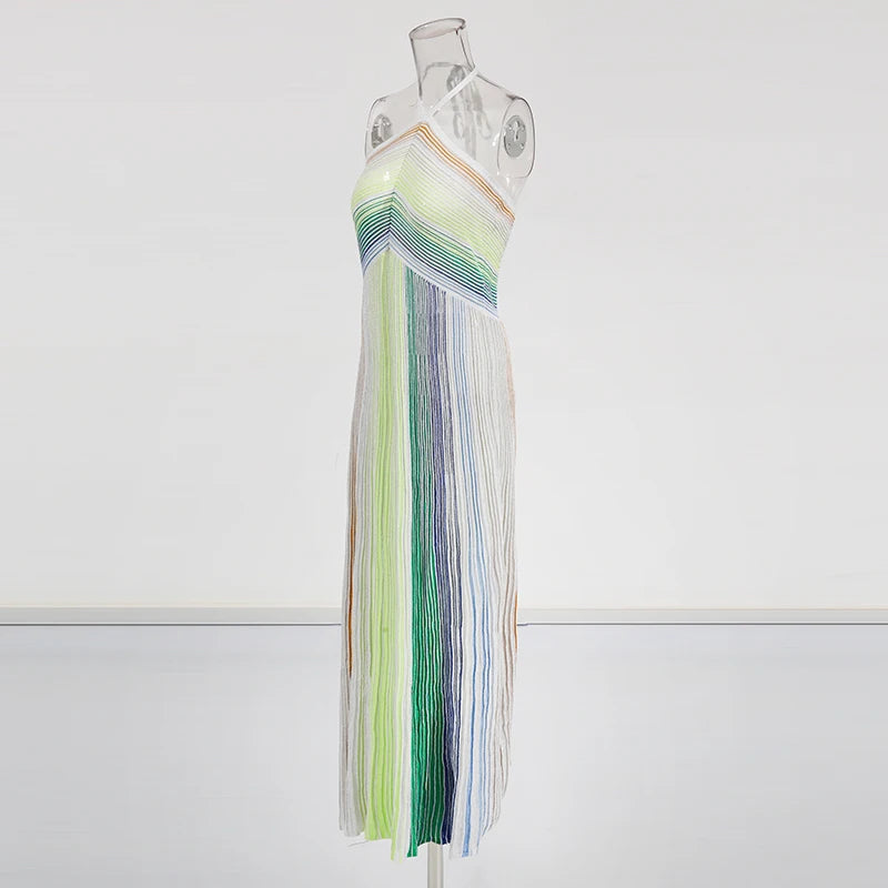 TWOTWINSTYLE Colorblock Spliced Striped Fashion Dresses for Women Halter Neck Sleeveless Patchwork Bright Silk Dress Female New