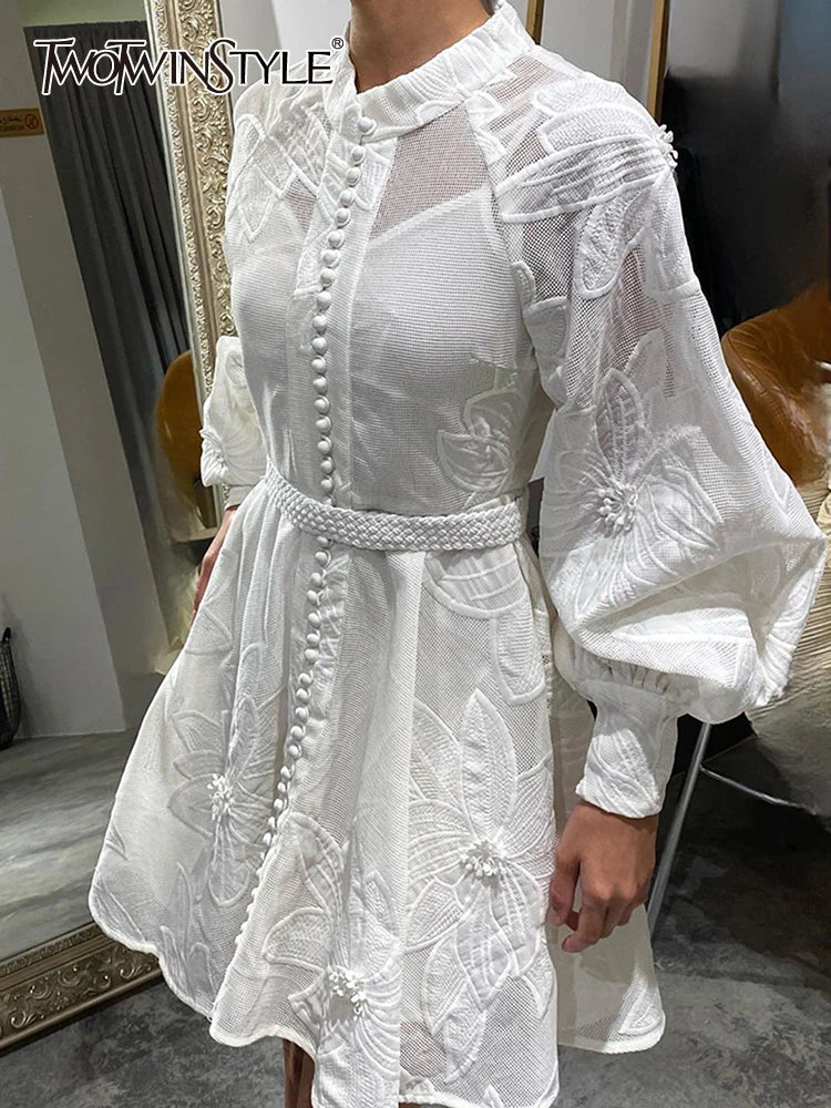 Embroidery Dress For Women Stand Collar Lantern Sleeve