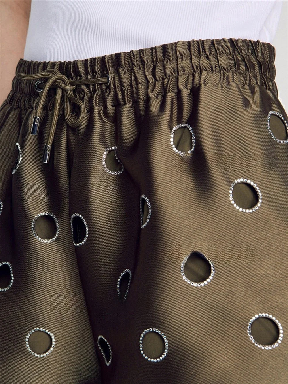 MaSande Early Autumn New Women's Fashionable Hollow out High Waist Drawstring Shorts Ring Detail Casual Pants Straight Leg - Shellss