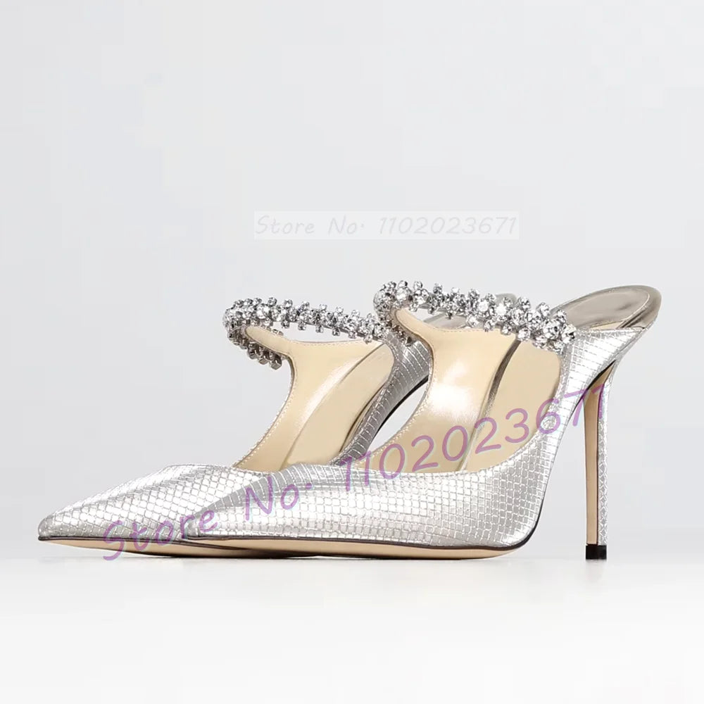 Silver Metallic Crystal Mules Rhinestone Arch Strap Heels