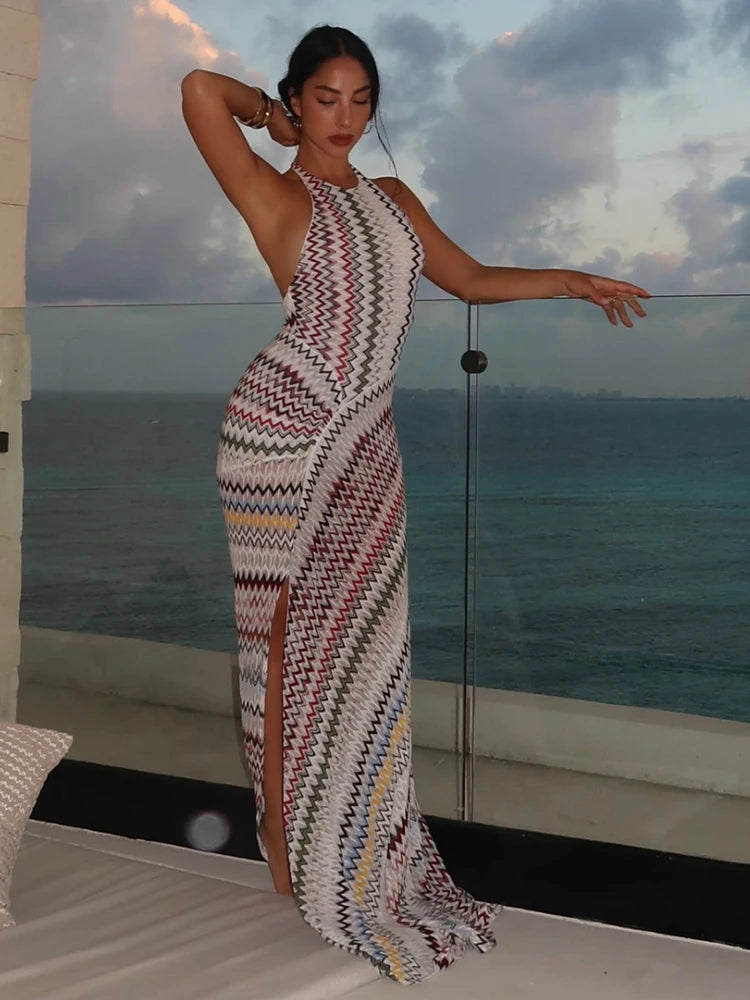 dress beach party Macrame Buy Online Sleeveless construction Glitter Sleeveless Splitfront Evening Party