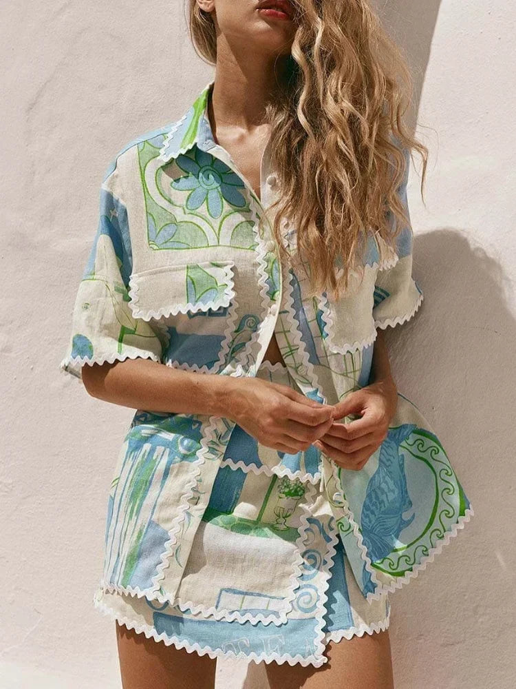 Lapel Short Sleeves Pocket Shirt set