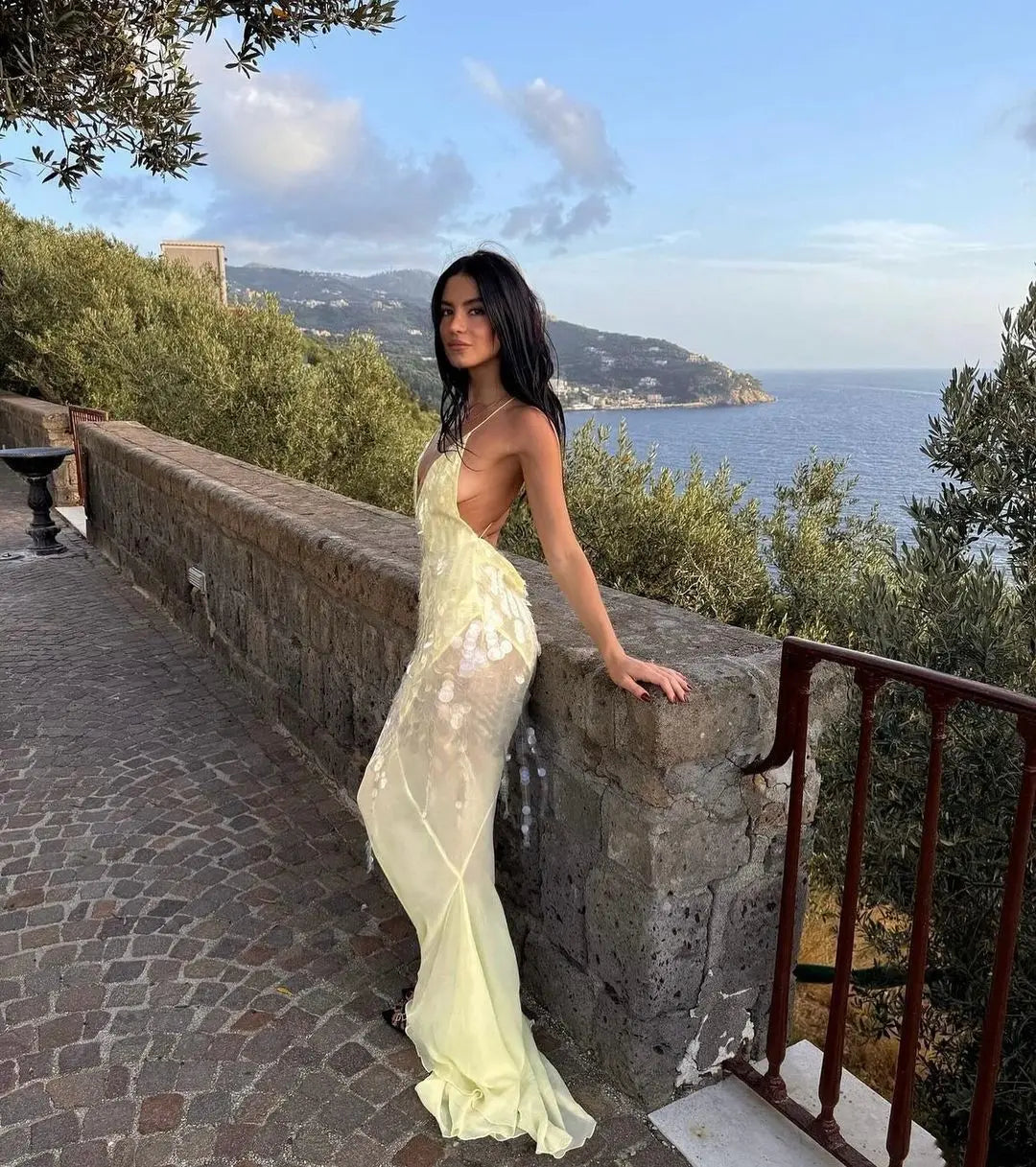 New Summer Sequins Patchwork Mesh Slim Long Dress Women Casual Vacation Dress Sexy Suspender V Neck Backless Evening Dress