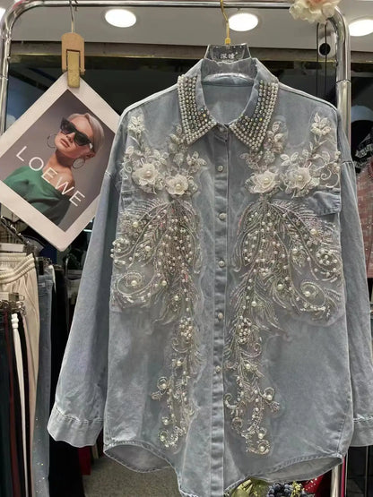 Diamonds Pearls Beaded Embroidery Denim Shirts