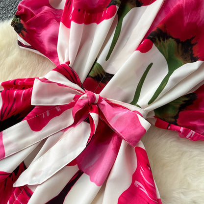 Vintage Satin Floral Pink Red