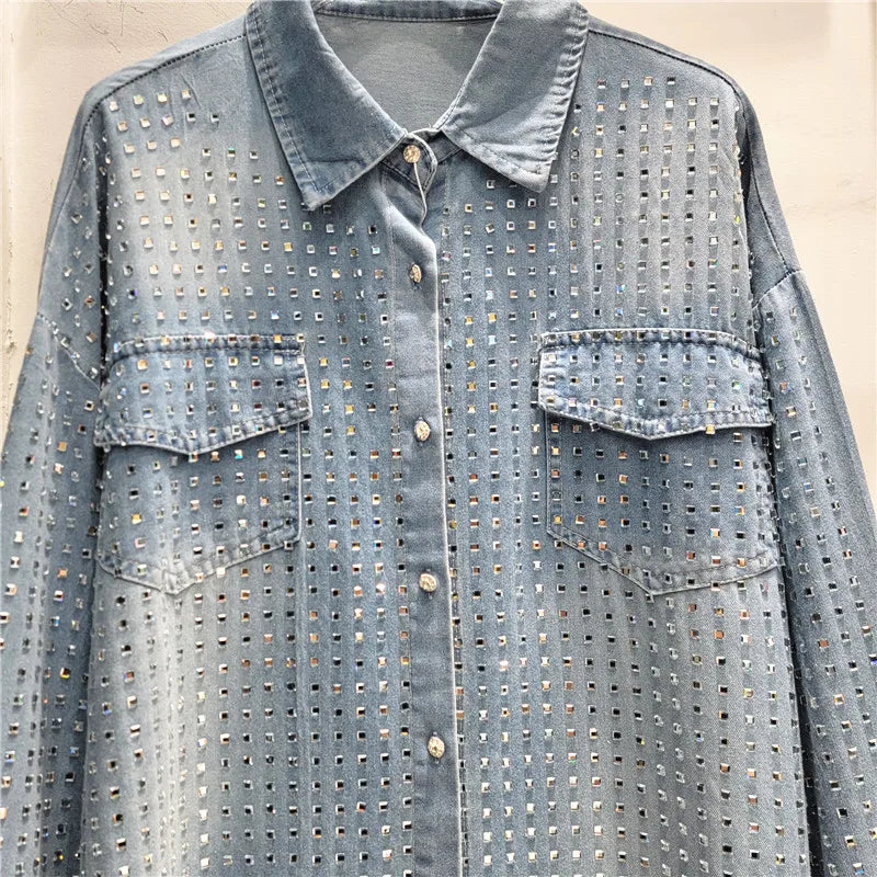 Luxus Frauen Pailletten Diamanten Perlen Denim Shirts Kristall Strass Jeans Blusen Cowboy Strickjacke Drehen Unten Kragen Tops 2024