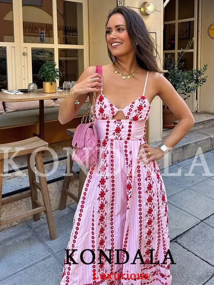 KONDALA Vintage Boho Embroidery Pink Cami Dress Women Backless Lace Up Holiday Beach Dress Fashion 2026 Summer Elegant Dress
