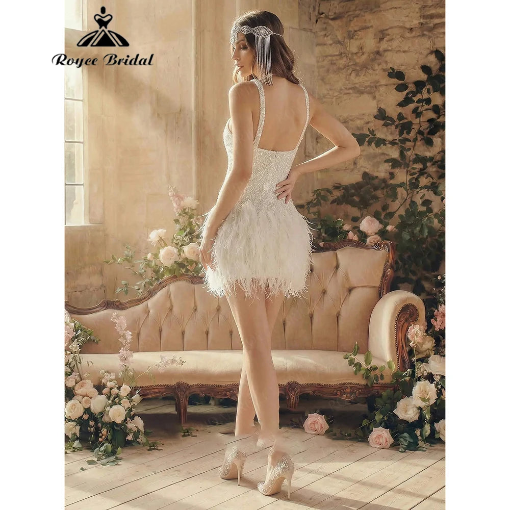 Roycebridal Spaghetti Strap Beaded Short Wedding Dress Feather Hem Mini Bridal Gown Vestido De Novia Boda 2026 Customized