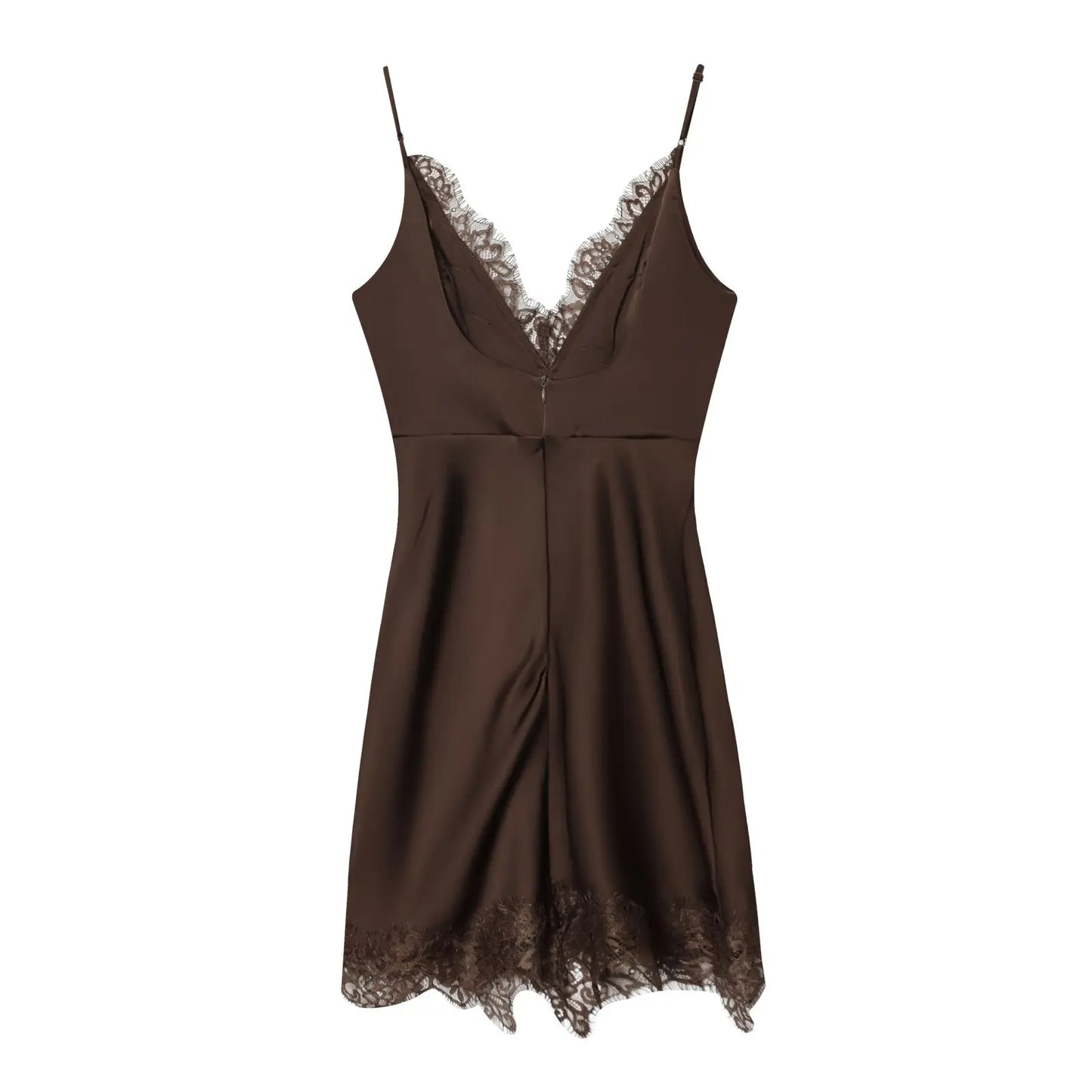 Brown Lace Trim Cami Dress