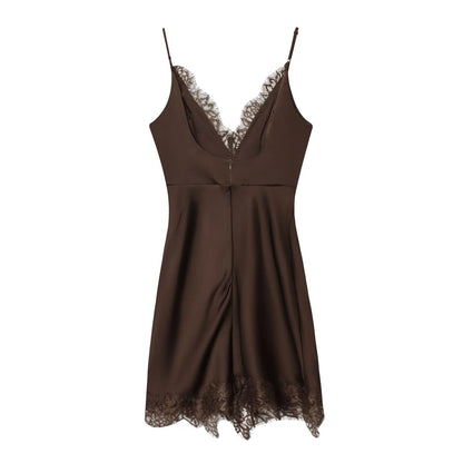 Brown Lace Trim Cami Dress