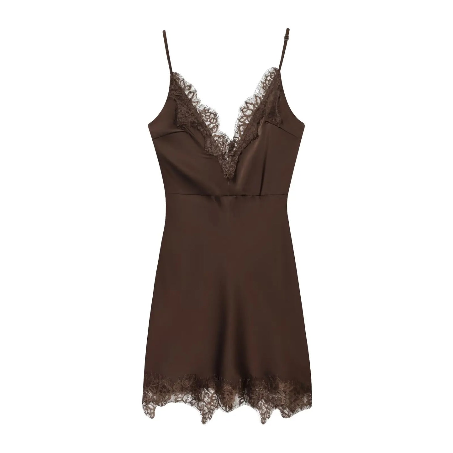 Brown Lace Trim Cami Dress