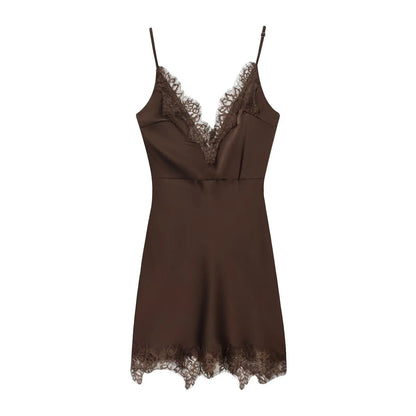 Brown Lace Trim Cami Dress