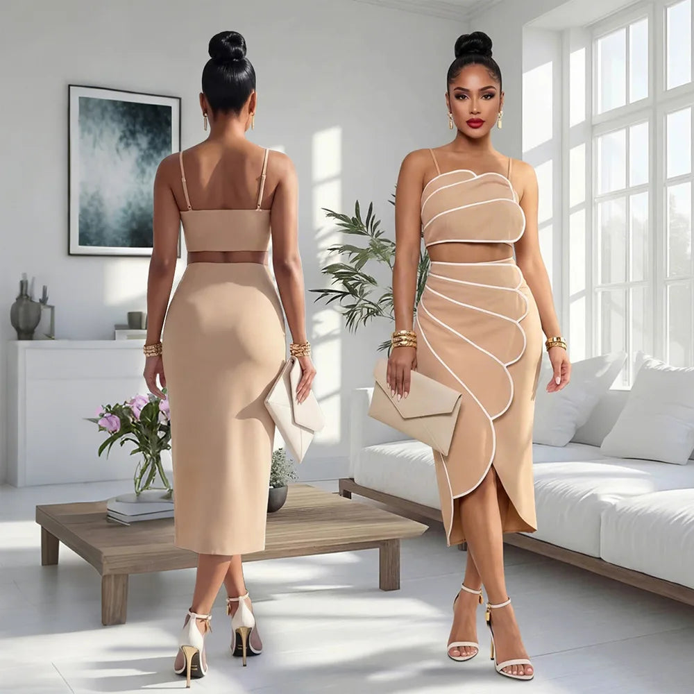 2 Piece Sets Tops And Skirt Elegant Women Sleeveless Sexy Midi Dress Fashion Evening Ladies Street Party Vestidos Summer