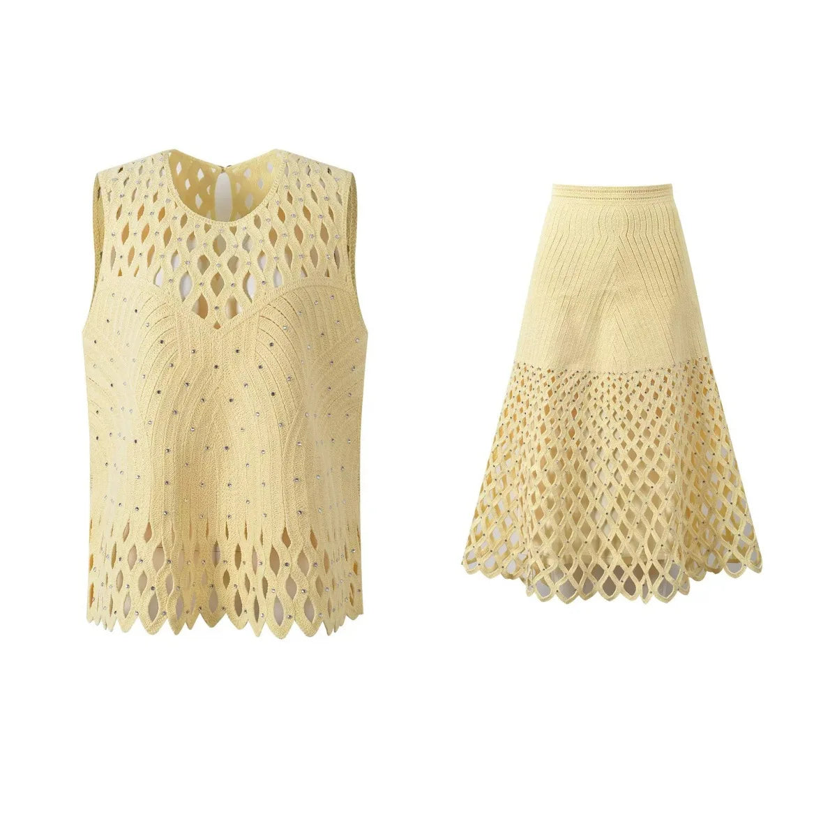 Sandro French Vacation Style Hollow Out Rhinestone Knitted Vest + Skirt Set