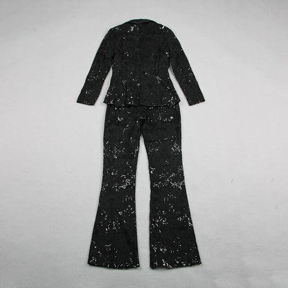 HIGH STREET Newest 2024 Designer Runway Suit Set Women's Single Button Guipure Lace Blazer  Flare Pants Set
