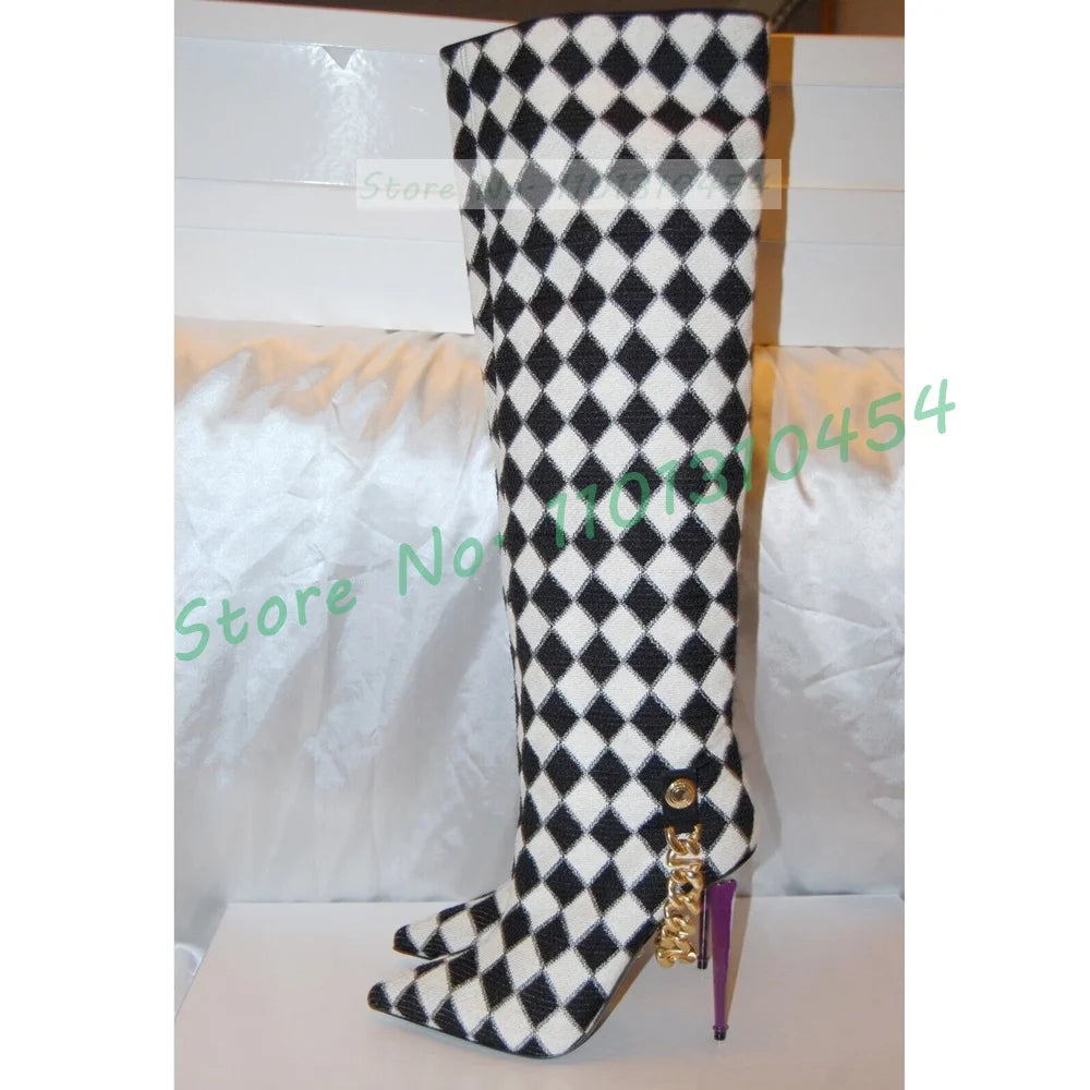 Black-white Checkered Knee-high Boots Women Stylish Gold Chain