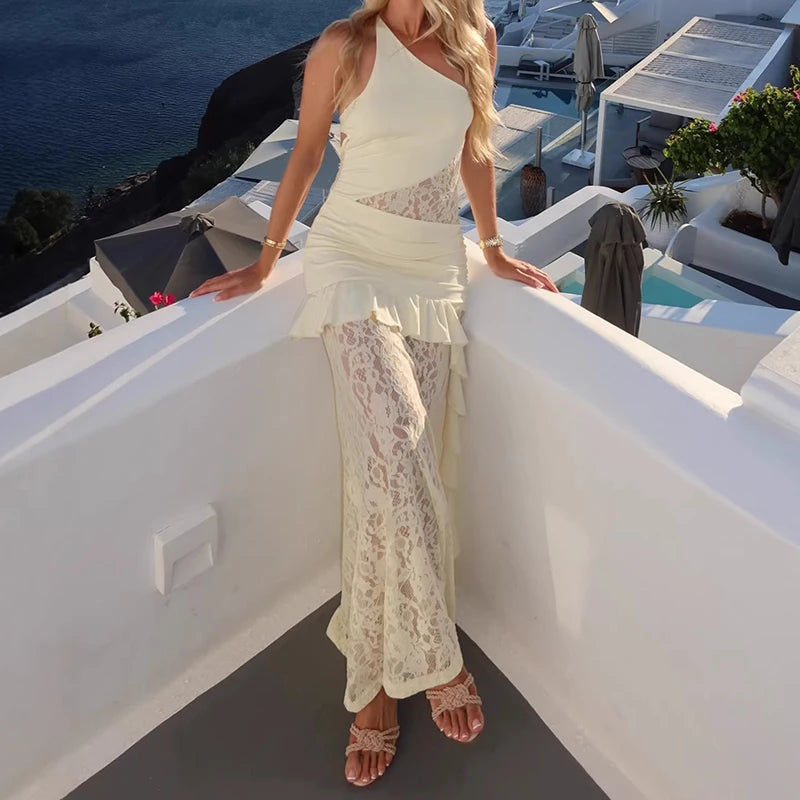 2026 Sexy Asymmetric Slimming Evening Dress Fashion Lace Patchwork Solid Color Women's Dress Elegant Lace Sleeveless Long Dress - Shellss