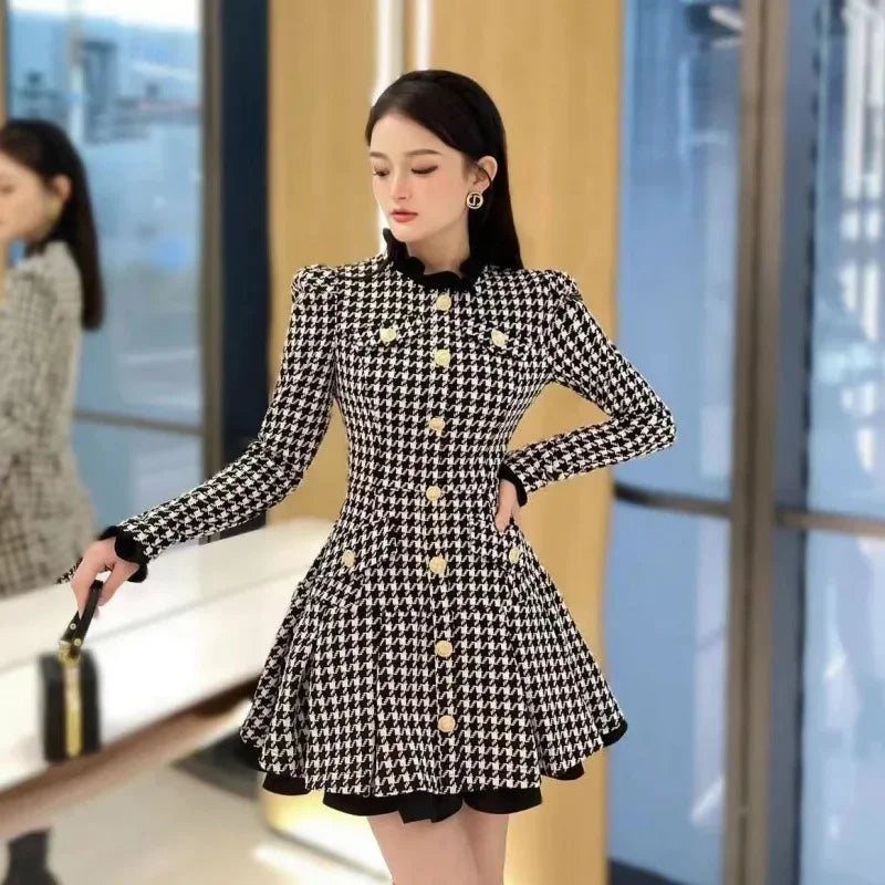 Elegance Tweed Style Waist-fitted Dress