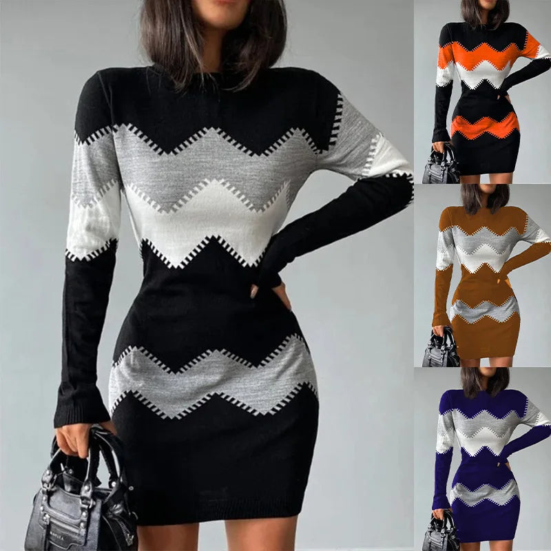 Fashion Print Knitted Mini Dress Women