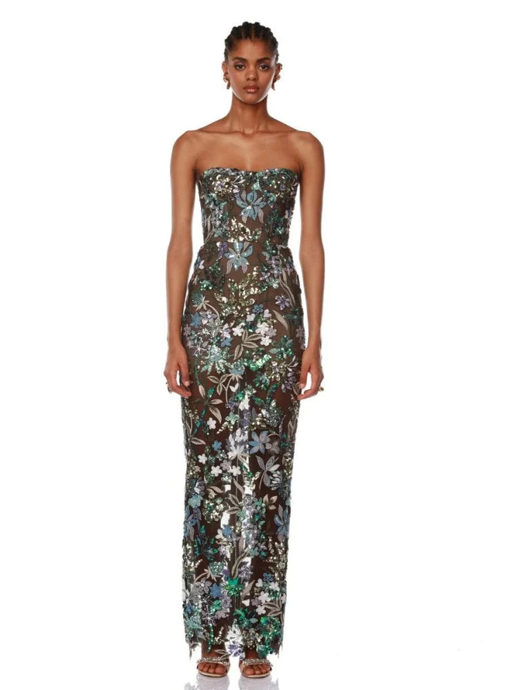 Sexy Strapless Floral Sequin Long Dress