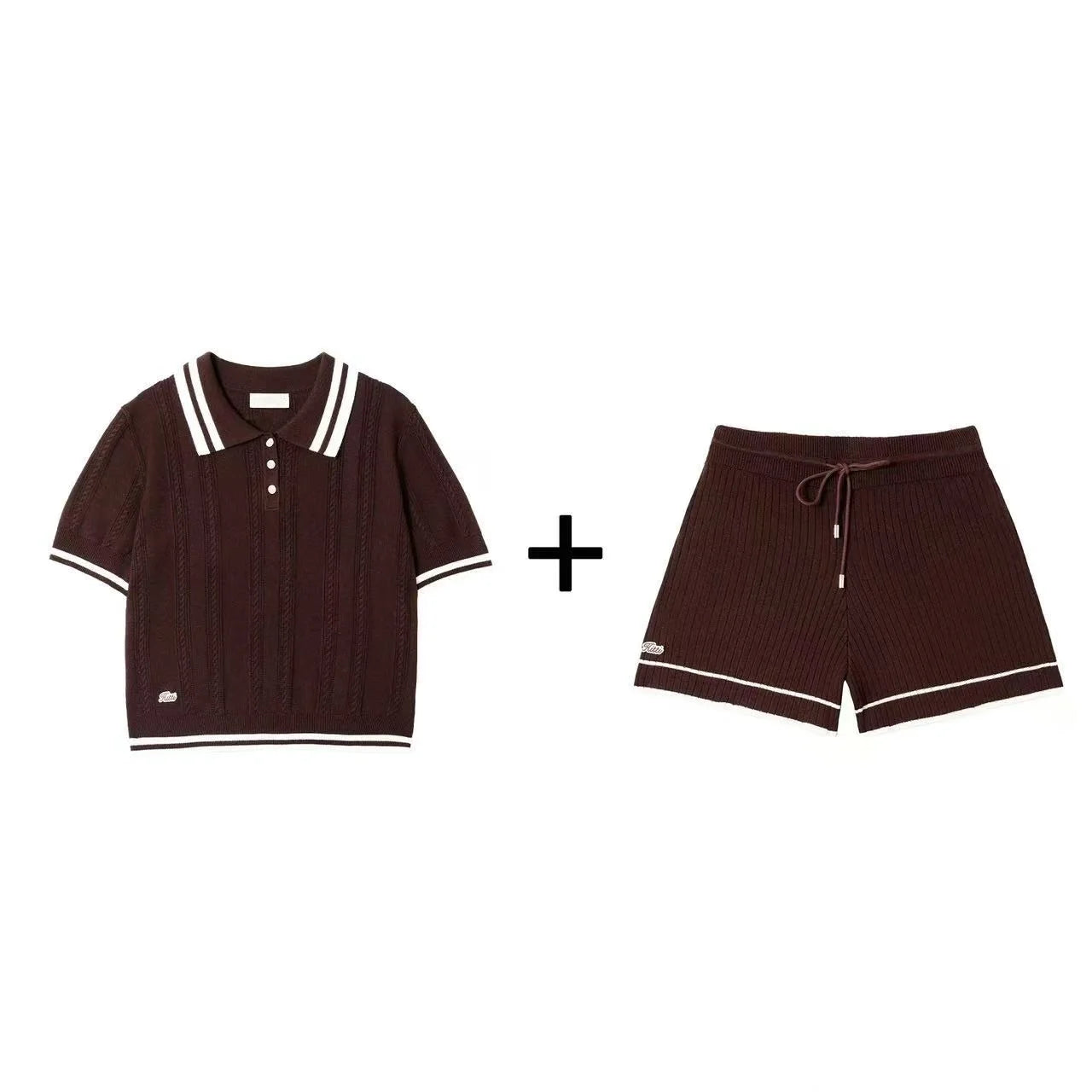 Summer 2026 Ice Silk Knitted  Collar Short Sleeve Shorts Set Women's Casual Loose Fit Striped Pattern Button Closure
