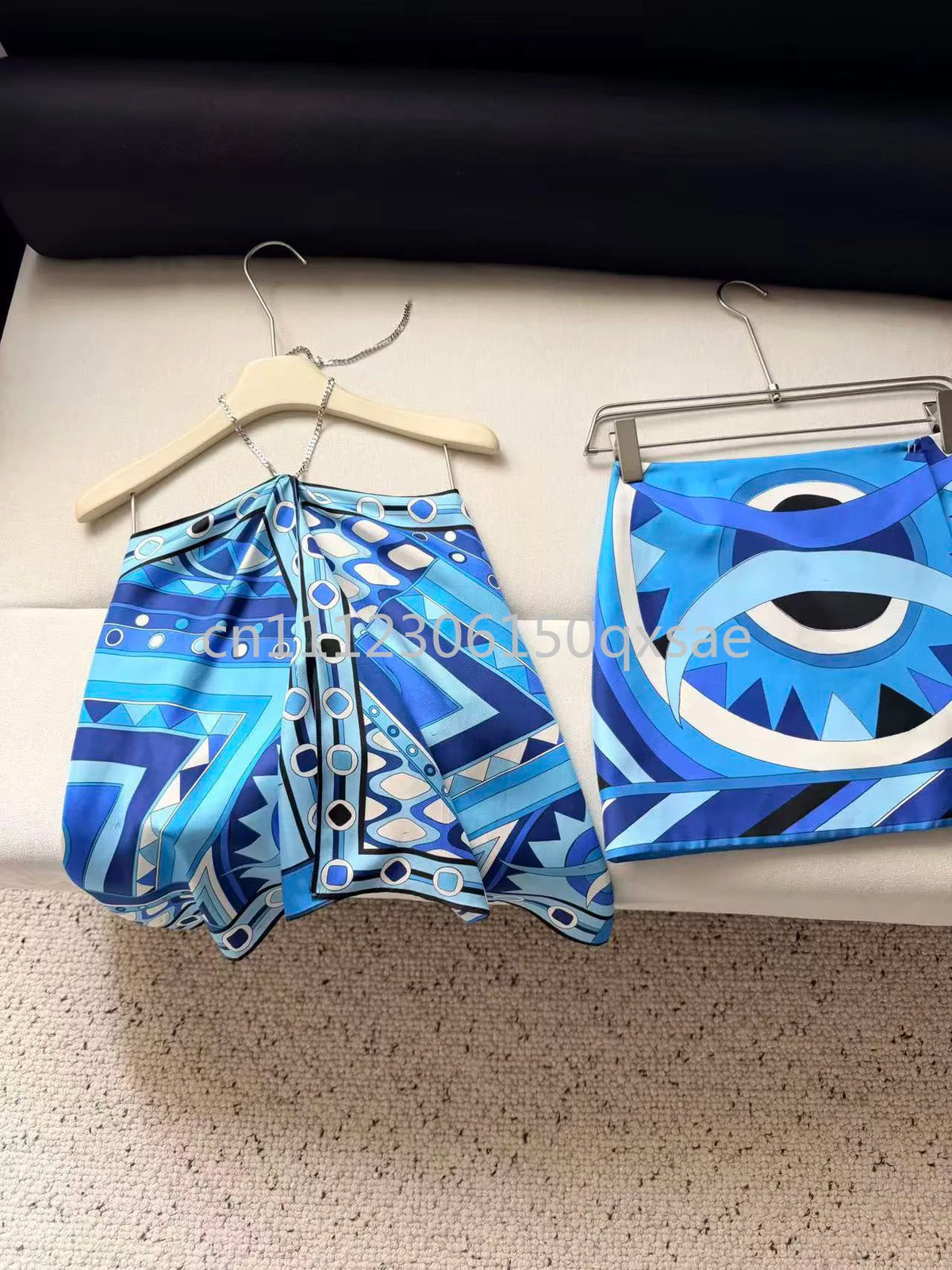 Luxury Design Women's Blue Dress Sets with Designer Signature Letter Logo Luxury Brand Lady Sexy Sleeveless Halter Tops Sets - Shellss