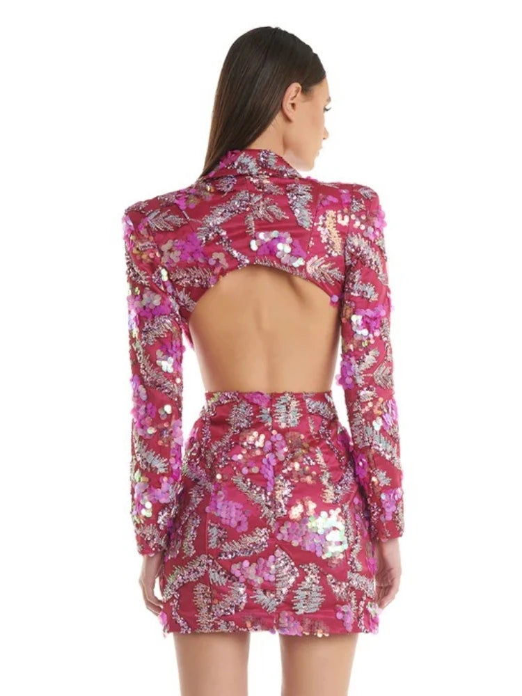 Beautiful Pink Blazer Mini Dress Sexy Backless Sequined Premium party collection